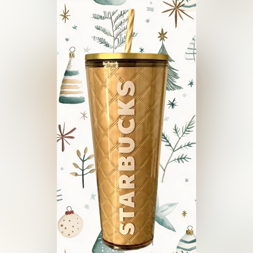 NWT STARBUCKS 2024 Holiday Gold Metallic Quilt 24oz Venti Cold Cup